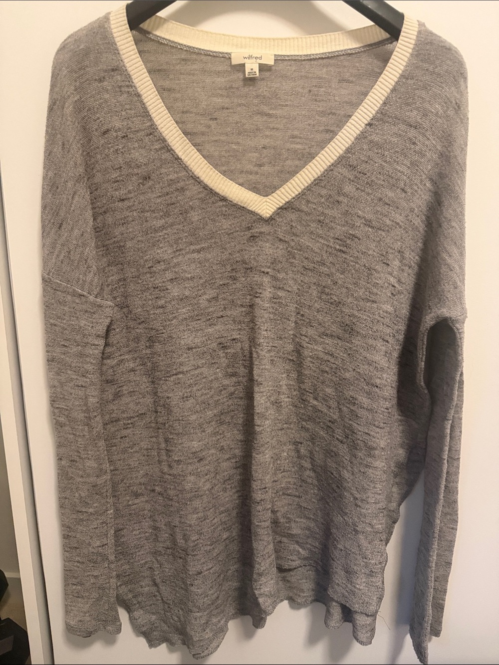 Wilfred Gray V-Neck Sweater with Cream Rib Trim